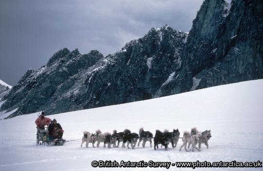 Huskies pulling a sledge with two people
