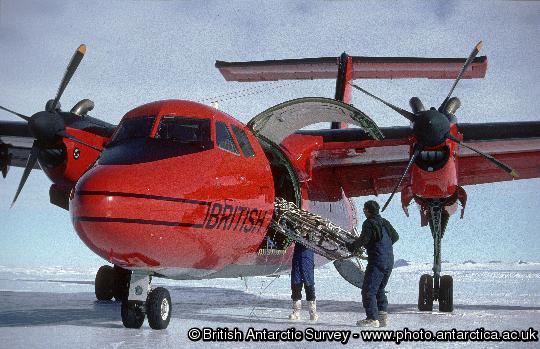 The BAS Dash 7 on the Sky-Blu blue ice runway after the first ever blue ice deployment of the aircraft. The wheeled Dash 7 aircraft routinely operates between Rothera and a blue ice runway at Sky-Blu where a fuel depot is maintained for use by the fleet of Twin Otter aircraft.