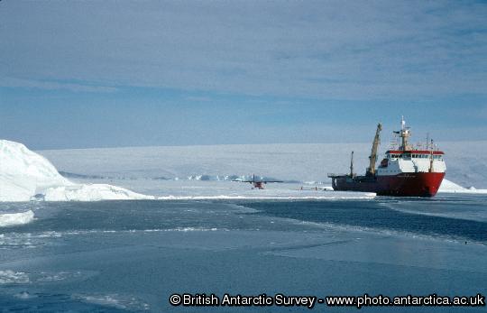 RRS Ernest Shackleton and Twin-Otter Aircraft working with HMS Endurance,  fuel depot at Bedlam 2, Weddell Sea