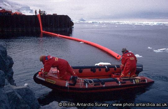 An oil spill defence boom being deployed during an exercise at Rothera Research Station