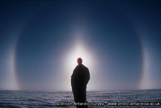 Sun Pillar and Halo, from a remote field camp on Pine Island Glacier, West Antarctica.