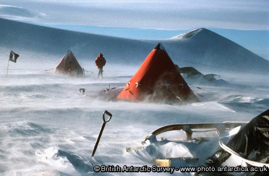 Field camp in blowing snow