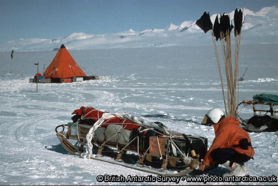 Preparing a sledge for a day trip from a field camp in the shadow of Ellsworth Mountains.