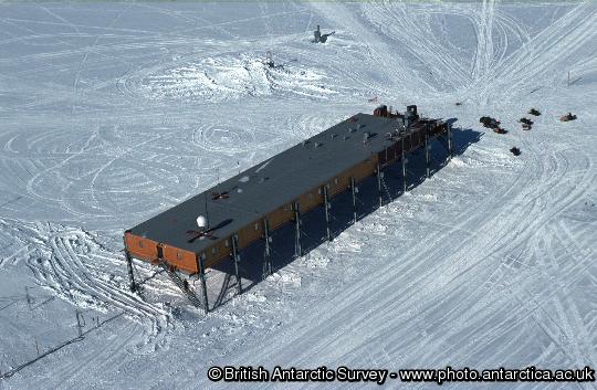 Aerial view of the Laws building  ( ACB ) the main accommadation building at Halley research station