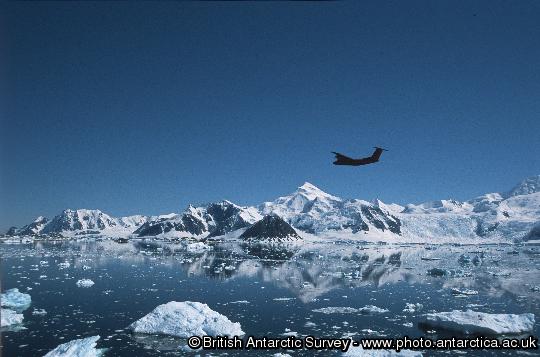 The Dash 7 flying over Ryder Bay before coming into land at Rothera Research Station.