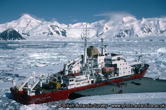 Unloading cargo from the James Clark Ross at Rothera wharf.
