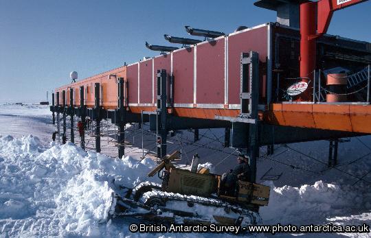 Snow being cleared from under the Laws building, the main accommodation building (ACB) at Halley Research Station