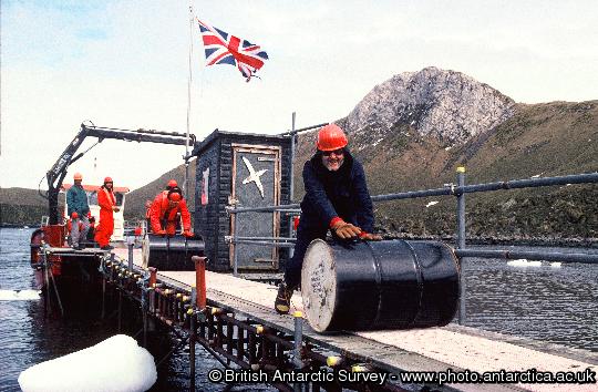 John Dudeney helps roll fuel drums to the base during the annual relief at Bird Island