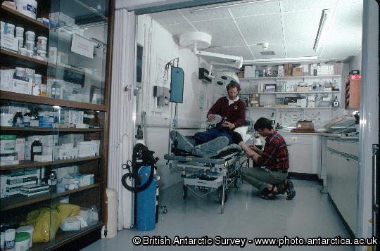A medical excercise by doctors in the hospital at Rothera