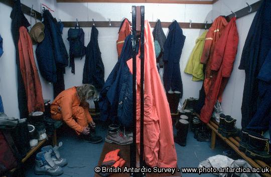 Changing rooms at Rothera where outside clothes and boots are left when entering the building.