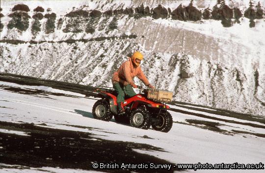 Ash Morton ( GA) riding a Honda ATV  on north flank of Wensleydale Beacon.