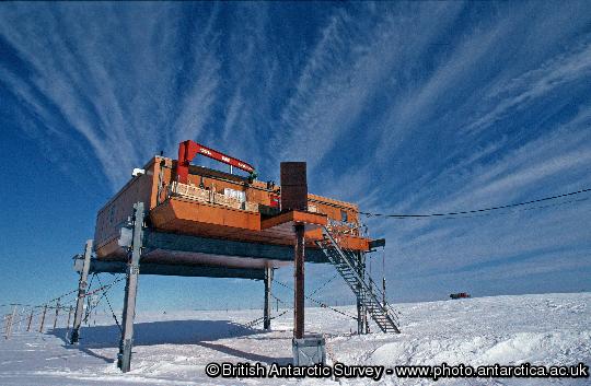 Simpson Building (Ice and Climate Building) (ICB) at Halley research station. ( UK )  The building is raised each year to counteract the build up of snow. The Simpson building houses the Dobson spectrophotometer used to discover the ozone hole