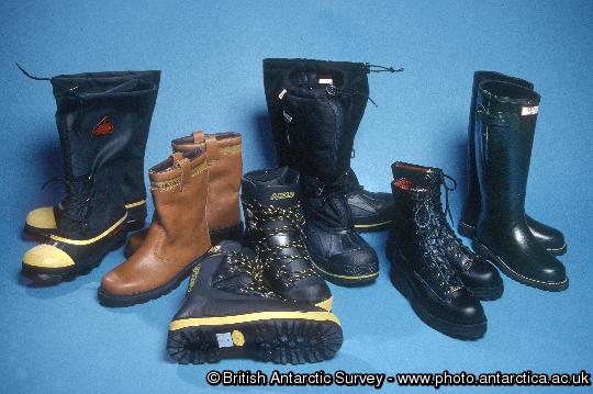 Antarctic Clothing Pictures Footwear, L-R , RBLT, Rigger boot, Plastic Field Boot, Mukluk, Leather Field Boot, Wellington Boot.