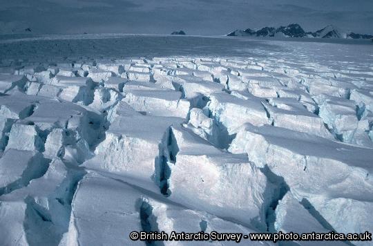 Eureka Glacier showing pronounced crevassing in the glacier as it  discharges into George VI Sound.