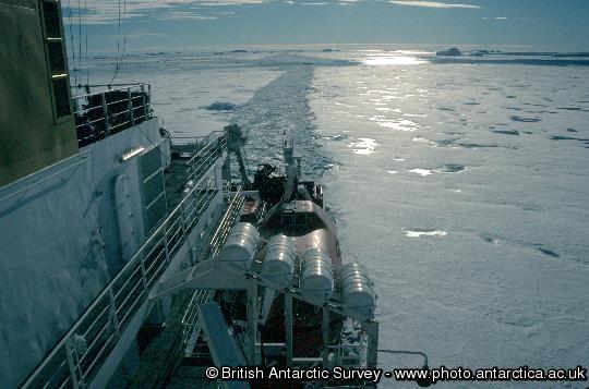 RRS James Clark Ross JCR track through sea ice en route to Rothera Research Station.
This image is associated with the 2005-2010 BAS science programme: ACES - Antarctic Climate and the Earth System.