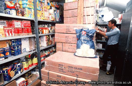 Seal Assistant Mark Jessop in the food store at Bird Island