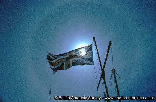 Sun Halo around the Union Jack at Halley Research Station