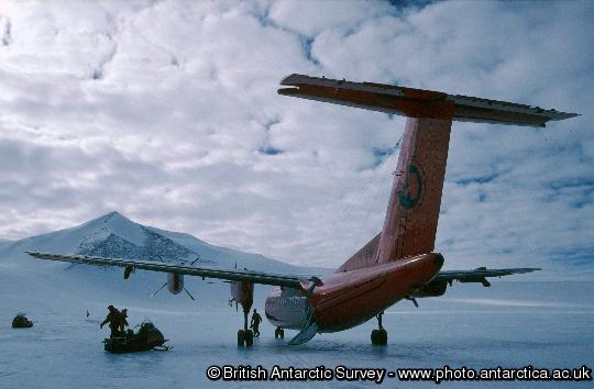 The BAS Dash 7 on the Sky-Blu blue ice runway after the first ever blue ice deployment of the aircraft. The wheeled Dash 7 aircraft routinely operates between Rothera and a blue ice runway at Sky-Blu where a fuel depot is maintained for use by the fleet of Twin Otter aircraft.