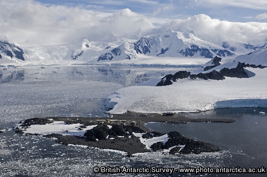 Rothera Research Station seen on Rothera Point with Adelaide Island in the background