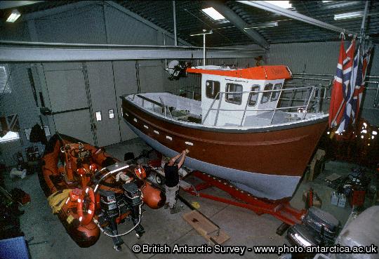 The fast rescue boat and fishing vessel 'Quest' in the boatshed at King Edward Point, South Georgia