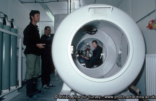 The recompression chamber at the Bonner Laboratory diving facility.  A chamber is a necessary precaution against incidence of decompression sickness (the bends) when diving.  Proximity to a chamber is especially important when working in remote environments.