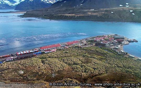 Aerial view of the buildings at King Edward Point, South Georgia. The purpose built facilities include the accommodation building, Everson House and the James Cook Laboratory. Research is carried out to assist in the sustainable management of the commercial fisheries around South Georgia.