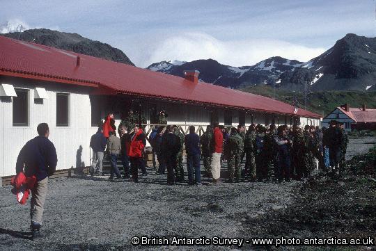 Opening ceremony at  the applied fisheries research station at King Edward Point. The purpose built facilities include the accommodation building, Everson House and the James Cook Laboratory. Research is carried out to assist in the sustainable management of the commercial fisheries around South Georgia.
