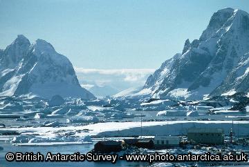 Faraday Research Station with the Lemaire Channel in the background.