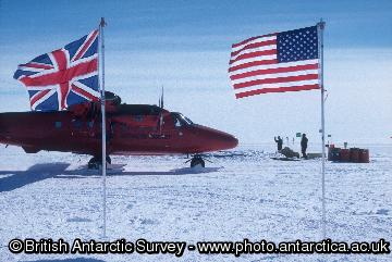 Flags at UK/US collaborative field party camp on Pine Island Glacier, West Antarctica. January 2005.
