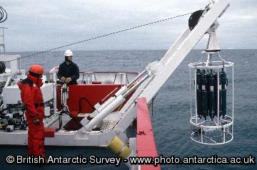 CTD being deployed from HMS Endurance off the Ronne / Filchner Ice Shelf. The CTD records Conductivity (salinity), Temperature and Depth. 