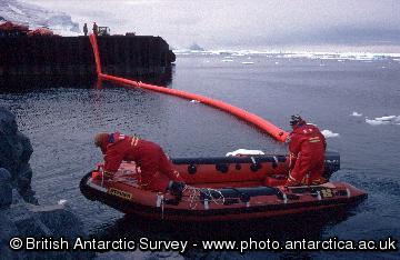 An oil spill defence boom being deployed during an exercise at Rothera Research Station