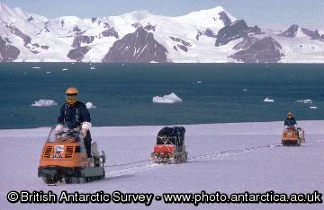 Snow-mobiles are extensively used at the BAS stations and at remote field locations. These small vehicles are used for personal transport and for towing Nansen sledges. BAS operates Bombardier Ski-doos which are simple to ride with just a twist grip throttle and a brake. They have a fully automatic transmission and a track underneath with skis at the front to steer. Ski-doos can attain speeds of up to 50 mph on smooth snow. Snow-mobiles are extensively used at the BAS stations and at remote field locations. These small vehicles are used for personal transport and for towing Nansen sledges. BAS operates Bombardier Ski-doos which are simple to ride with just a twist grip throttle and a brake. They have a fully automatic transmission and a track underneath with skis at the front to steer. Ski-doos can attain speeds of up to 50 mph on smooth snow.