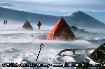 Field camp in blowing snow