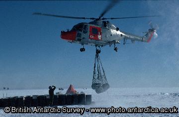 Lynx helicopters from HMS Endurance transferring fuel to a field depot.