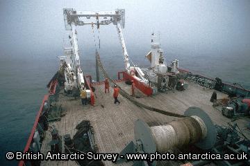 Deploying the pelagic trawl  on the James Clark Ross off South Georgia