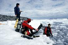Divers kitting up on the shore prior to commencing a dive.  One member of the dive team always remains on the shore to provide assistance to the pair in the water if necessary. Here Sara Lawrence is the safety officer, Lloyd Peck and Alice Chapman will spend about 20 minutes in the water visiting study sites along the shore line.