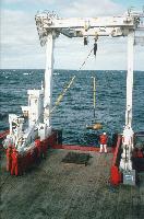 BGS deep-tow boomer being being deployed from the stern of RRS James Clark Ross (cruise JR01)