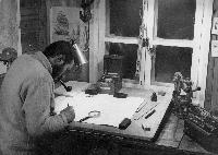 Wally Herbert at work on map in survey office at Hope Bay Station, Trinity Peninsula, Antarctica