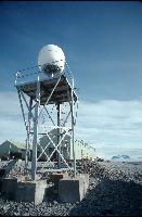 Satellite dish on communications tower at Rothera